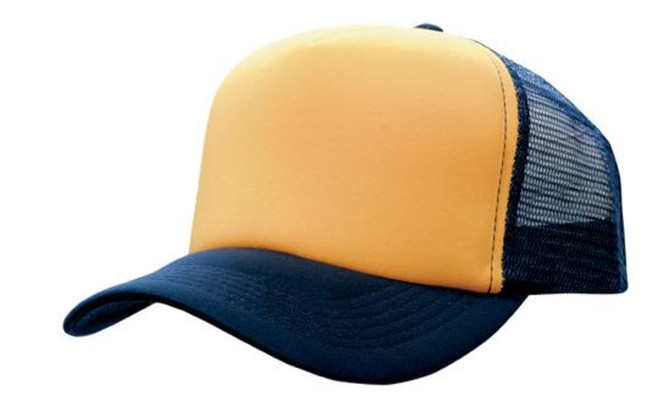 A yellow and navy trucker mesh cap featuring a solid front and mesh sides, with an adjustable back.