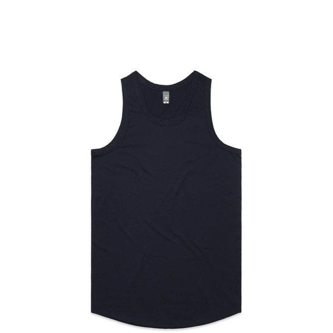 A navy singlet with a round neckline and a plain design, featuring a brand logo.