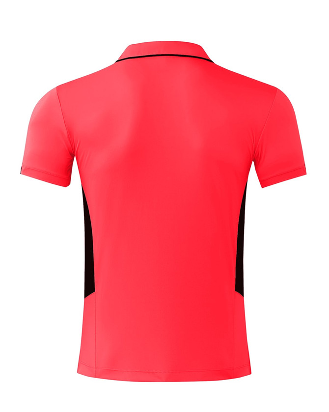 A red men's polo shirt with black side panels and a collar, featuring a logo on the back.