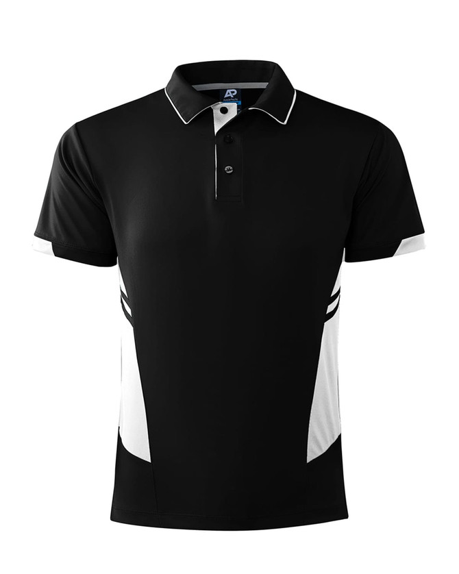 A black and white polo shirt featuring a logo, with contrasting side panels and a classic collar design.