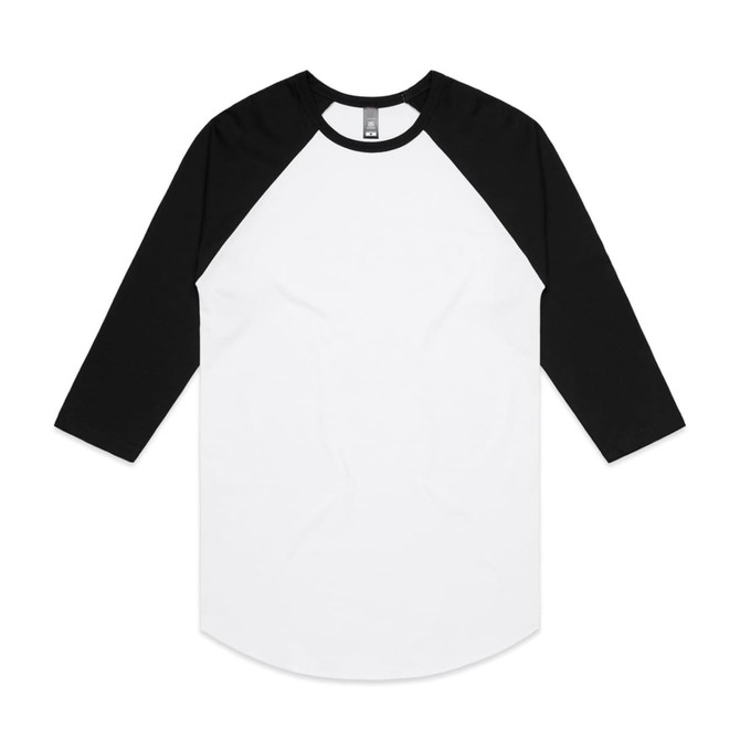 A raglan tee featuring a white body with black sleeves, designed with a round neckline and a logo.