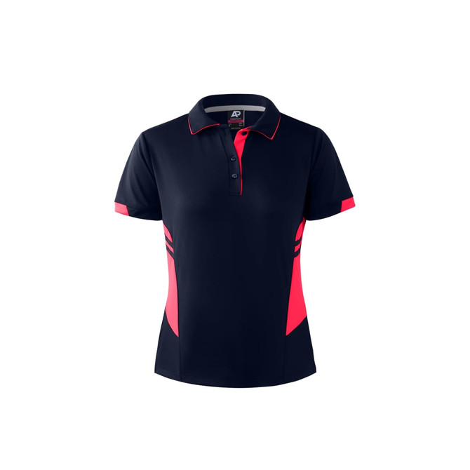 A navy polo shirt for women featuring vibrant pink accents and a branding logo on the collar.