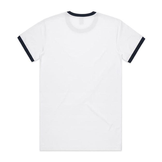A white T-shirt featuring a navy blue trim around the collar and sleeves, with a logo present.
