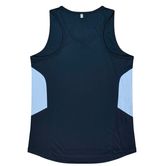 A navy singlet with light blue side panels and a logo on the back.
