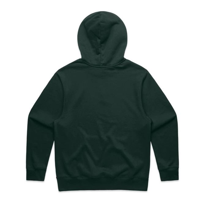 A dark green hoodie featuring a spacious hood and an unembellished back design.