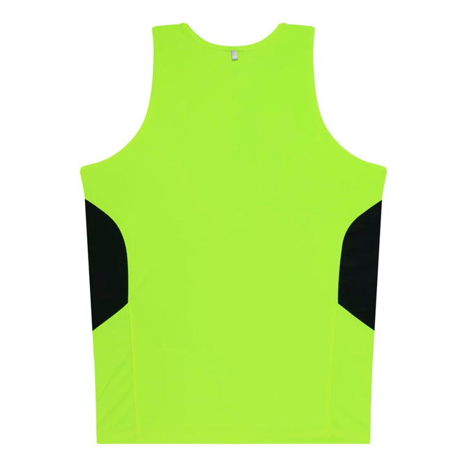 A bright yellow singlet with black side panels and a logo at the neckline. Suitable for kids' active wear.
