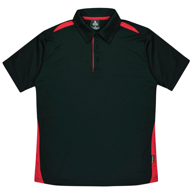 A black polo shirt with red accents, featuring a collar and a logo on the neckline.