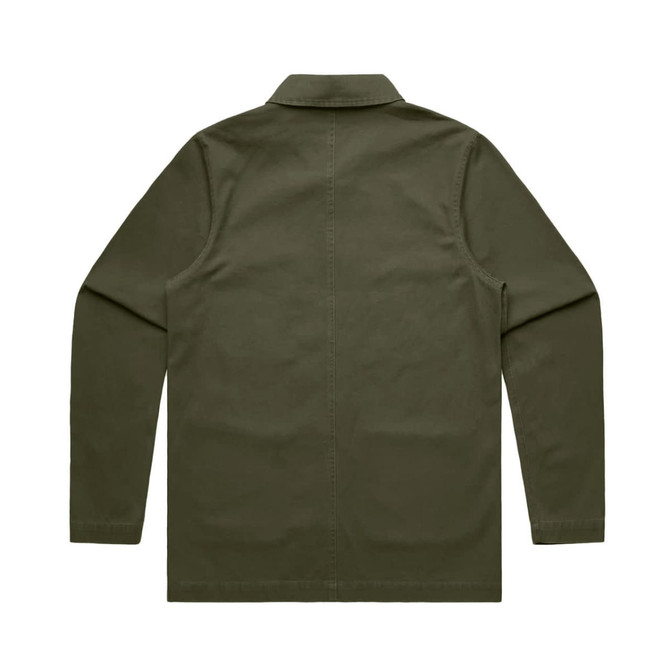 A back view of a dark olive green Chore Jacket with a collar and long sleeves. The jacket has a logo.