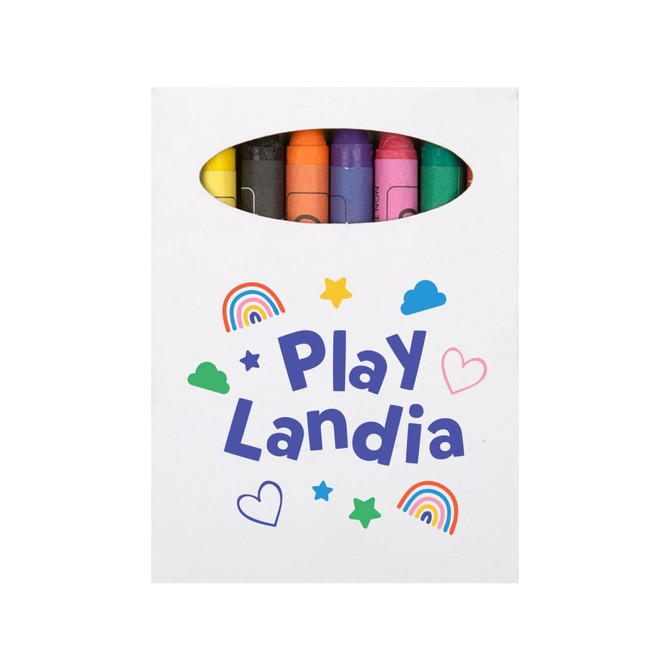 A crayon set with various colors, featuring a white box with playful designs and a logo.