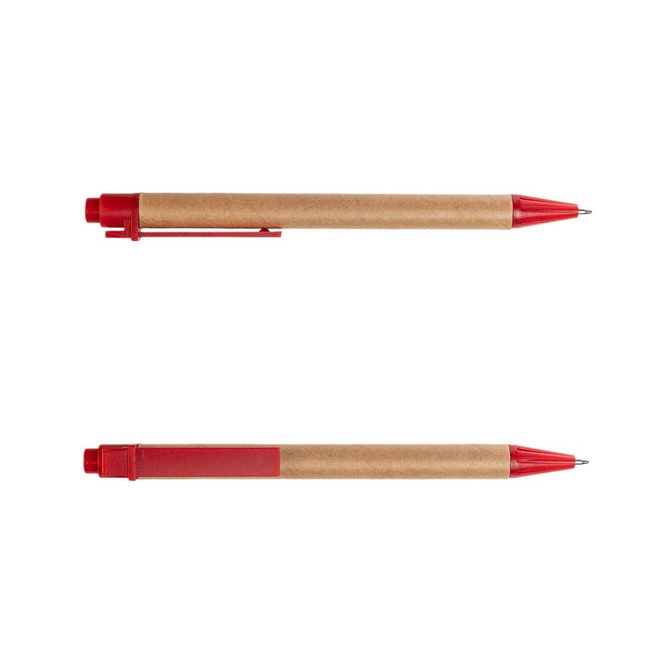 A cardboard pen with a red clip and tip, featuring a natural brown paper barrel, is displayed from two angles.