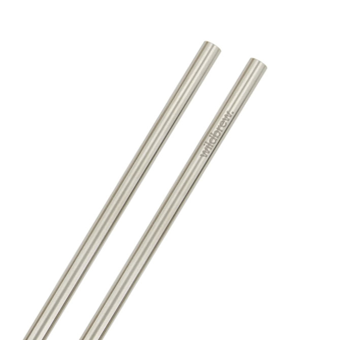 Two stainless steel straws in a silver finish, featuring a logo on one straw.