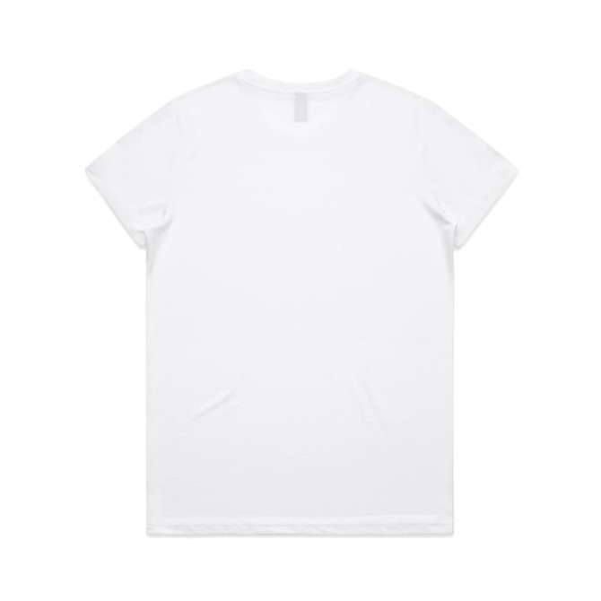 A plain white T-shirt with a crew neck and short sleeves, featuring a logo on the back.