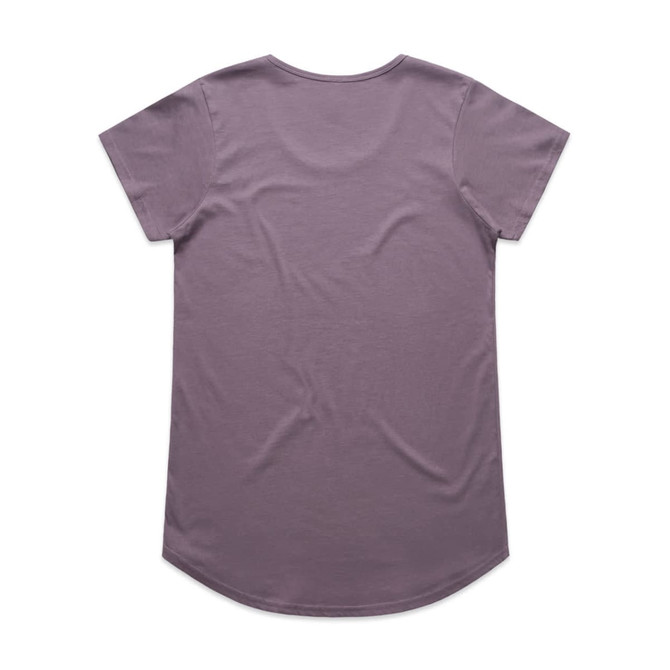 A mauve T-shirt with short sleeves and a rounded hem, featuring a branding logo.