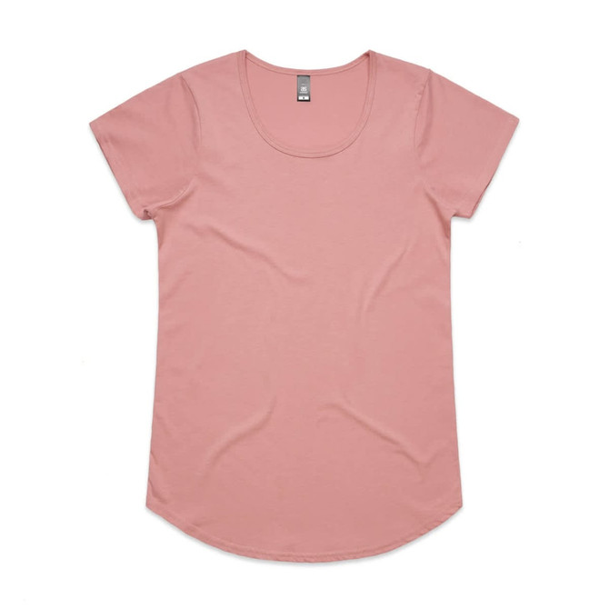 A pink T-shirt with a rounded neckline and short sleeves, featuring a small logo on the label.