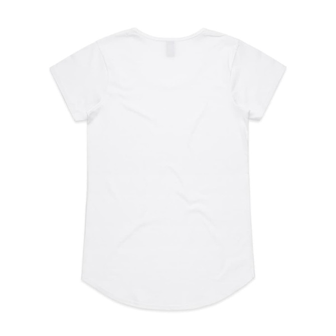 A white short-sleeved t-shirt with a rounded hem and a small logo on the back.