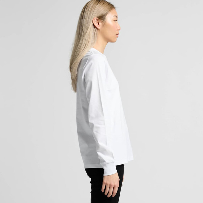 A long-sleeved white t-shirt displayed from the side, featuring a simple design and a branding logo.