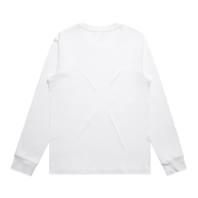 A long-sleeve white tee with a smooth finish and fitted cuffs, featuring a logo on the back.