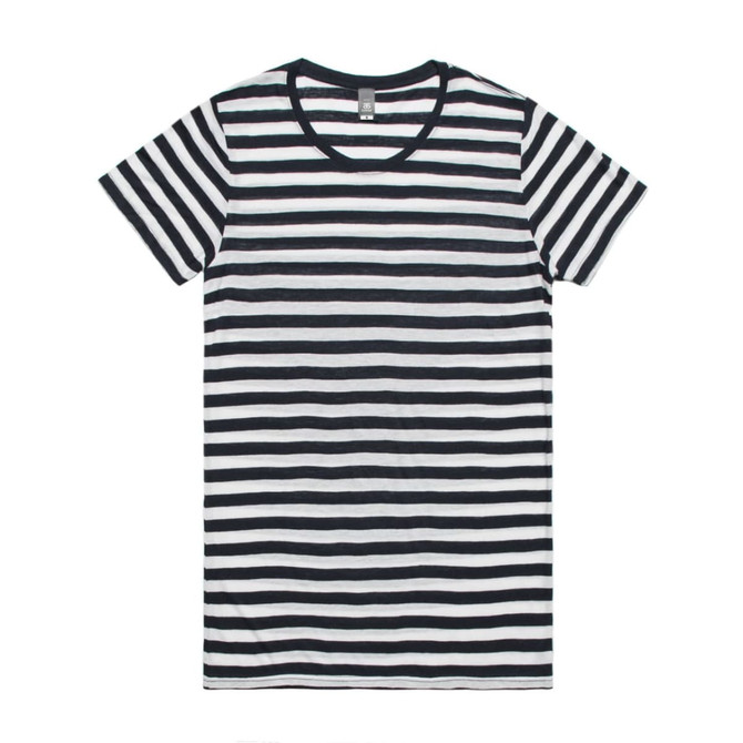 A black and white striped T-shirt with a classic crew neckline and short sleeves. It features a logo on the label.