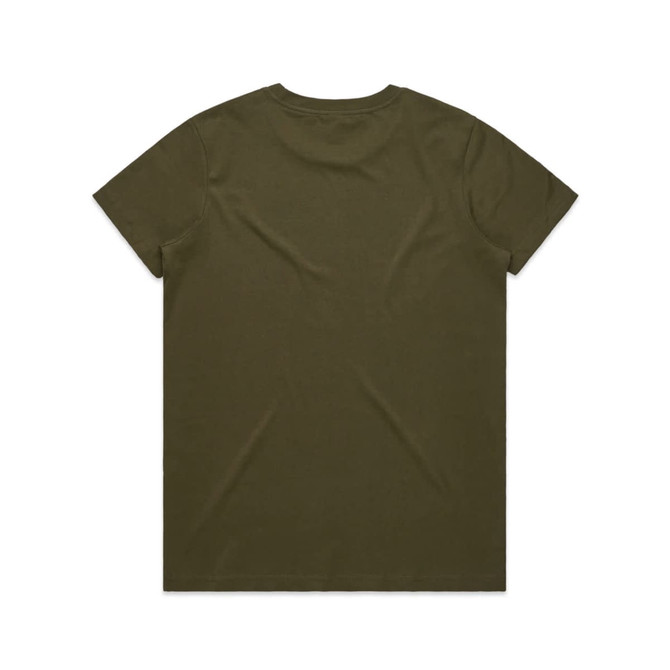 An olive green t-shirt displayed from the back. The shirt features a simple design and a logo.
