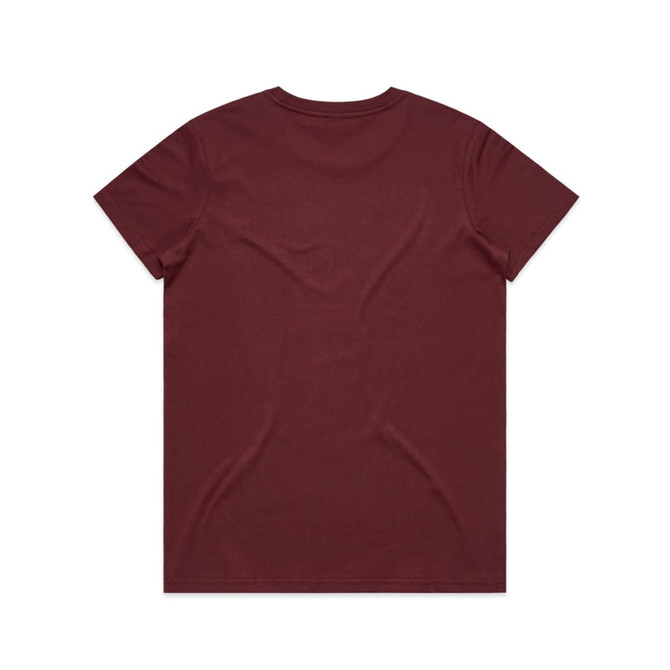 A maroon T-shirt featuring a simple design and a small logo on the back.