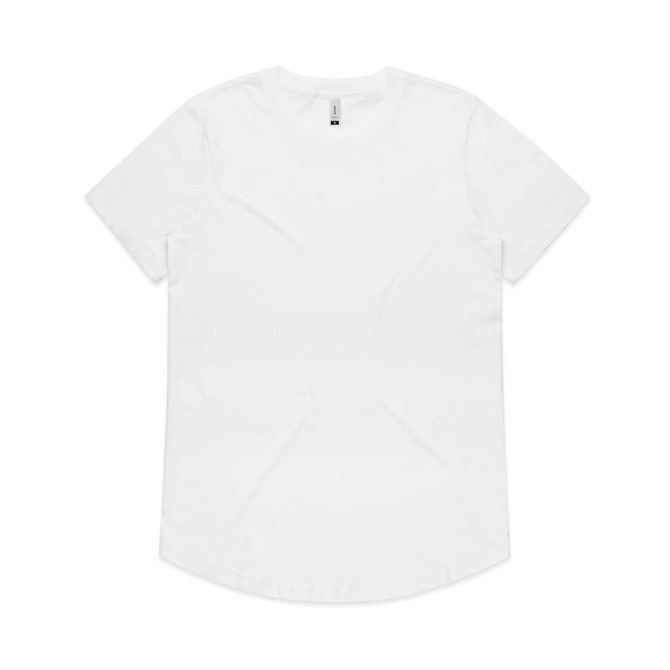 A white T-shirt with a curved hem and a label tag, featuring a logo.
