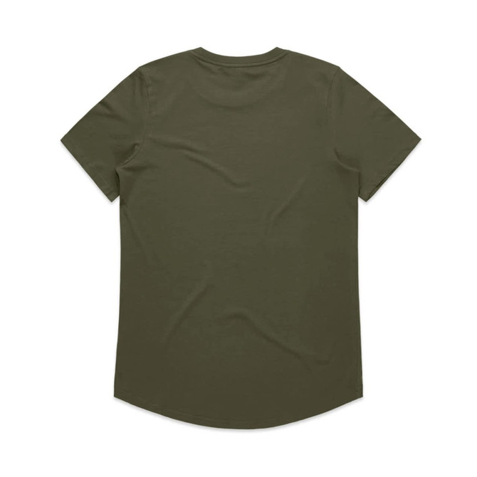 A khaki green t-shirt with short sleeves and a curved hem, featuring a logo on the back.