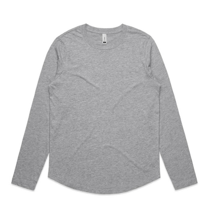 A long-sleeve grey t-shirt with a curved hem and a small logo branding on the label.