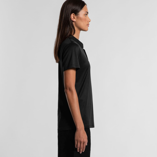 A black polo shirt designed for workwear, featuring a collar and a fitted silhouette. It includes a logo.
