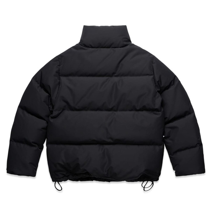 A black puffer jacket featuring a high collar and a drawstring hem, with a logo on the back.