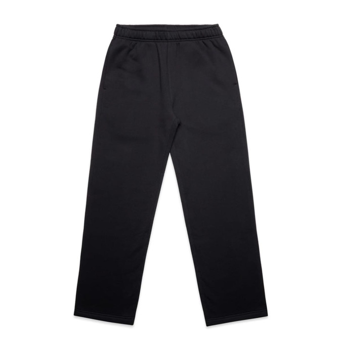 Cuffless track pants in black with an elastic waistband and two side pockets, featuring a logo.