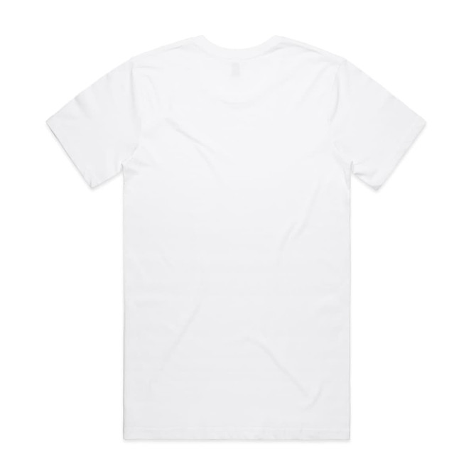 A white organic t-shirt with a plain back, featuring a logo on the label.