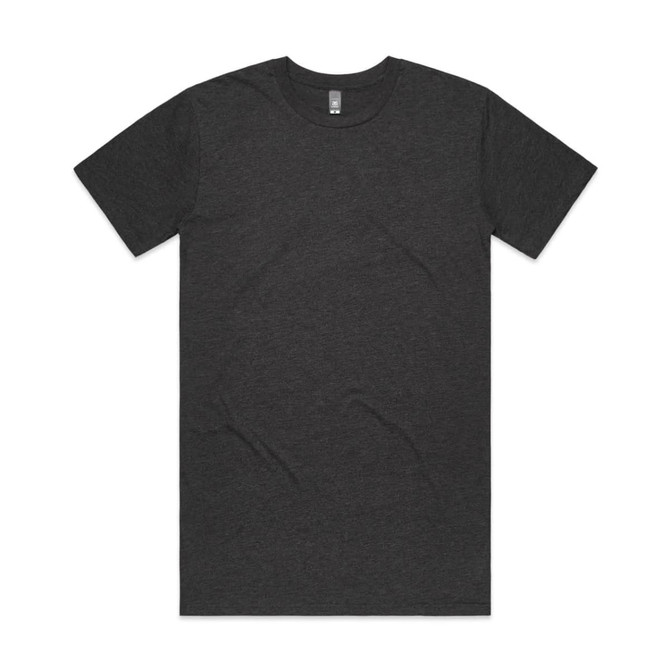 A charcoal grey t-shirt with short sleeves and a crew neckline, featuring a logo.