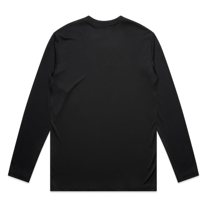 A black long-sleeved T-shirt featuring a smooth, plain back design and a logo.