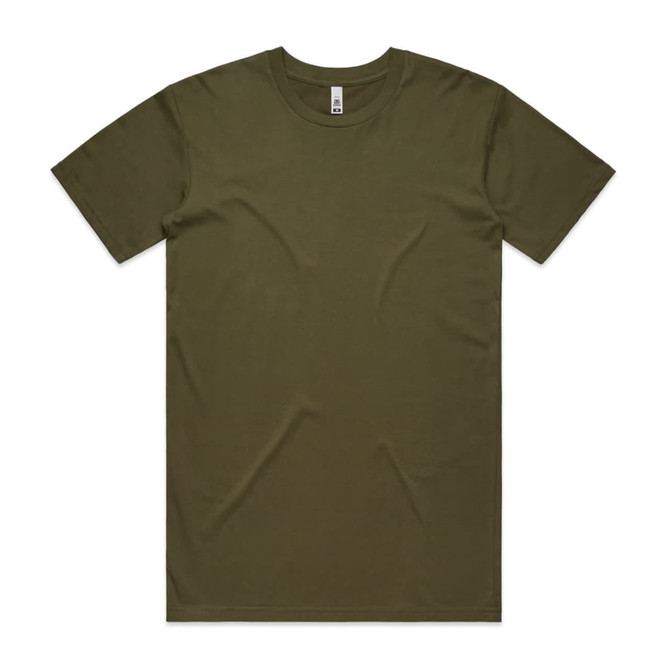 An olive green basic t-shirt with a classic crew neck and short sleeves. It features a brand logo.