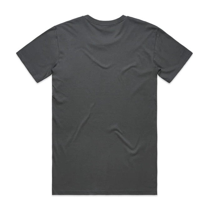 A grey T-shirt with a plain back design, featuring a logo on the lower side.