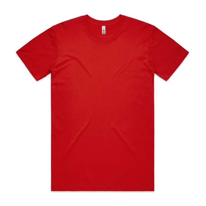 A red basic tee shirt with short sleeves and a crew neckline. It features a brand label at the neck.