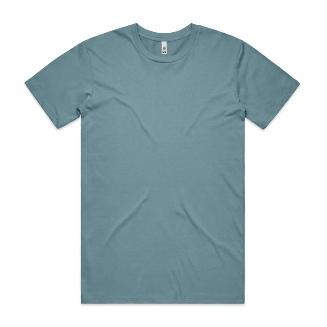 A light teal t-shirt featuring a crew neck and short sleeves, with a logo on the label.