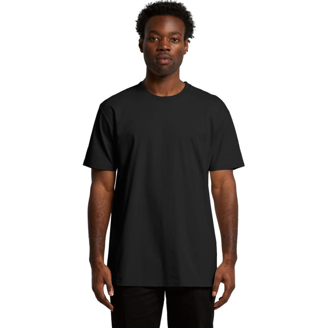 A black t-shirt with short sleeves, featuring a simple design and a small logo.
