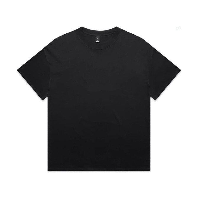 A plain black t-shirt featuring a relaxed fit and short sleeves. It has a logo on the label.