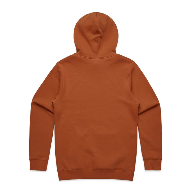 A brown hoodie with a hood and long sleeves, featuring a plain back. Includes a logo.