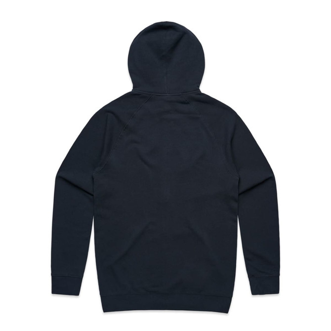 A dark navy hoodie featuring a back view with a hood, long sleeves, and a logo.