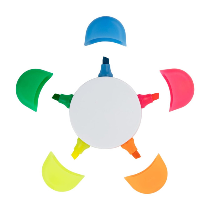 A circular holder with six highlighters in various colours: blue, green, yellow, orange, pink, and red.