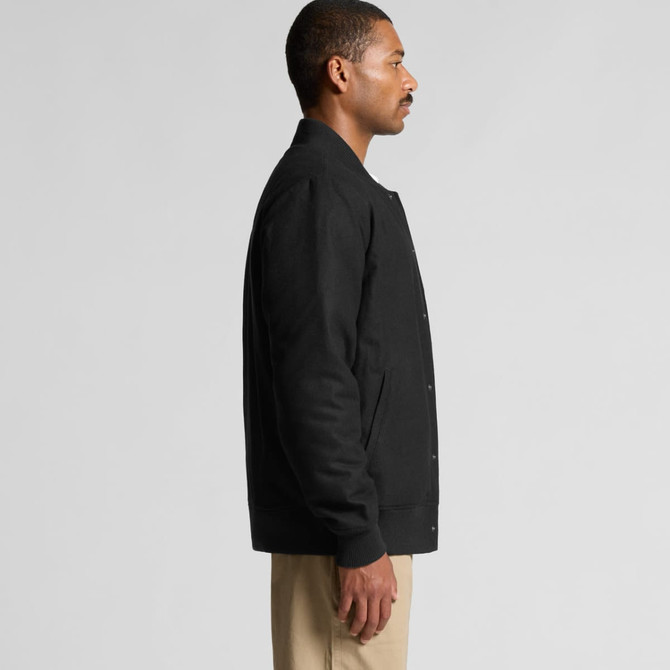 A black felt bomber jacket featuring a button-up front and ribbed cuffs, displayed on a model from the side.