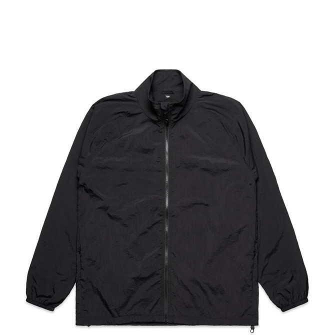 A black active jacket with a zippered front and elasticised cuffs, featuring a logo on the chest.