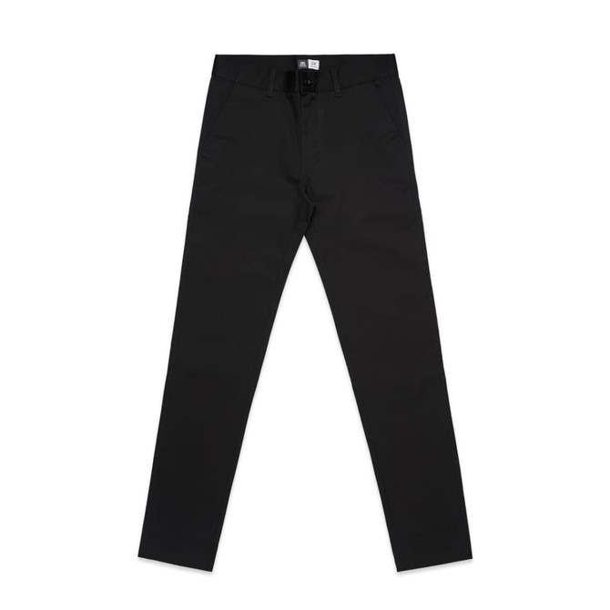 Black slacks with a fitted design, featuring a waistband and a logo. Suitable for casual or smart attire.