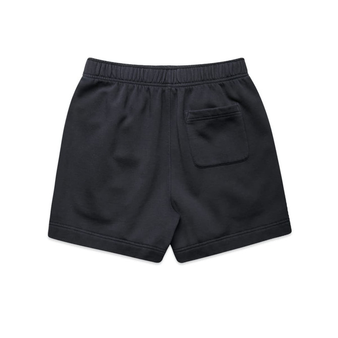 Faded black track shorts with an elastic waistband and a single back pocket. Features a logo detail.