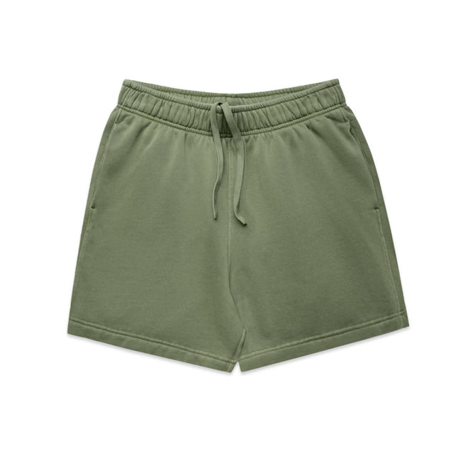 Faded green track shorts with an elastic waistband and drawstring, featuring two side pockets.