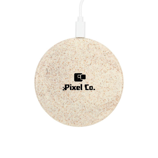 A round, speckled eco-friendly wireless charger in light cream, featuring a logo at the centre and a charging cable attached.