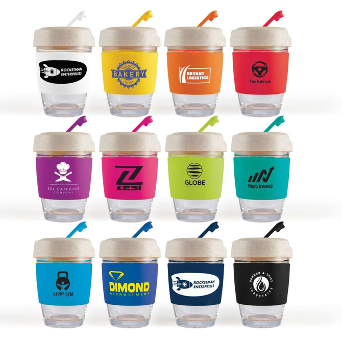A collection of reusable coffee cups in various colors featuring silicone bands and logos.
