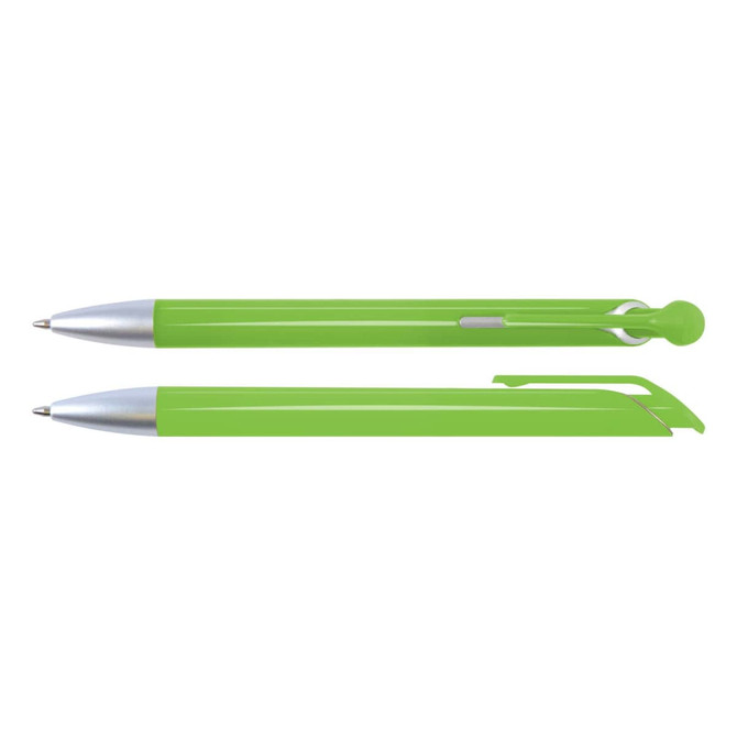 A bright green plastic pen with a silver tip and clip, featuring a sleek design. It includes a logo on the barrel.